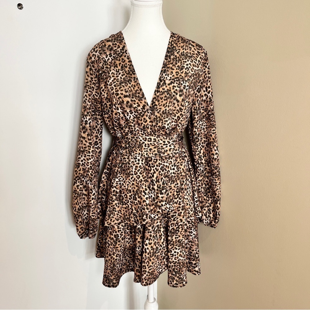 John Zack Leopard Print Skater Dress Plunge Neck Belted UK Made Size 10